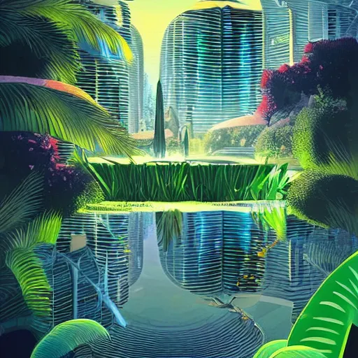 Prompt: beautiful happy picturesque charming futuristic sci - fi city in harmony with nature. water and plants. beautiful light. grainy and rough. interesting colour scheme. beautiful artistic vector graphic design art by lurid. ( 2 0 2 2 )