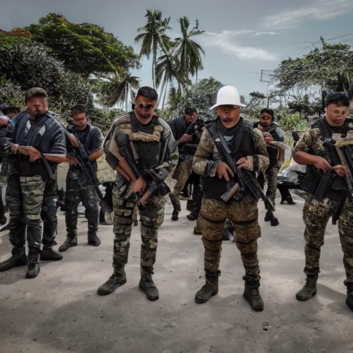 Image similar to heavily armed battalion of thirty drug cartel members, shoulder - to - shoulder, with fully decked - out equipment, long shot photography, harsh overhead sunlight, midday, summer, high - key lighting