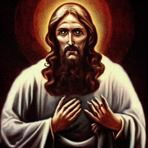 Image similar to jesus christ the occult leader, demented, horror, creepy, terror, close up,