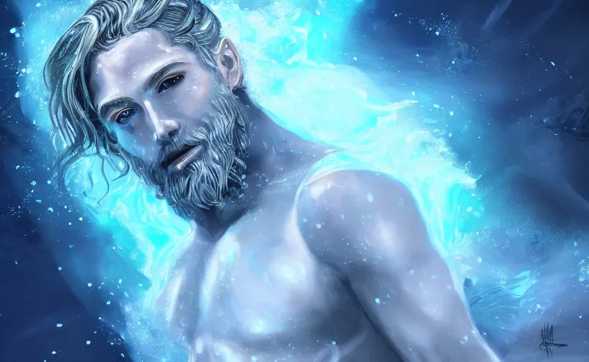 Prompt: Young and beautiful Poseidon emerging from water with blue magic, lumine, light particles, digital painting, realistic,4k, trending in Art Station