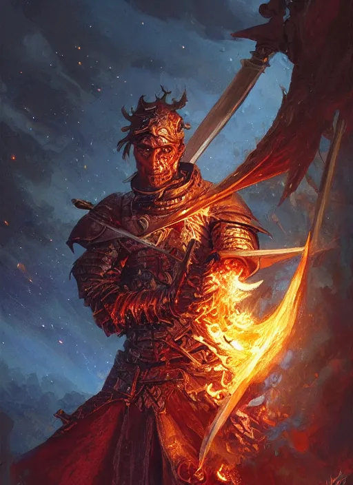 Image similar to character illustration of a knight wielding a flaming sword, night sky, intricate, highly detailed, digital painting, artstation, illustration, sharp focus, Dungeons and Dragons art, art by ralph horsley and greg rutkowski