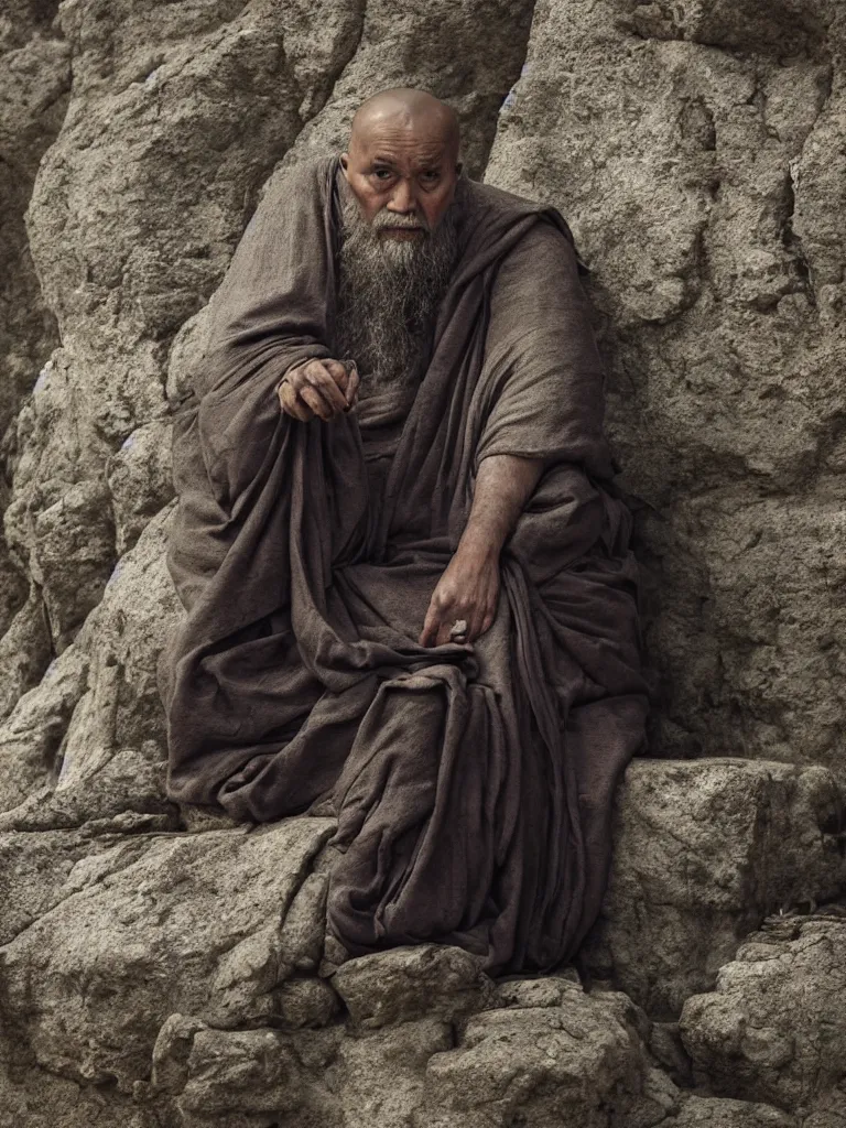 Image similar to hyperdetailed full length portrait of an ancient old monk sitting in contemplation on a singular rock, closed eyes, sharp small focus on the highly detailed monk face, minimalistic scenery, by ridley scott, cinematic light, 4k , diviant art