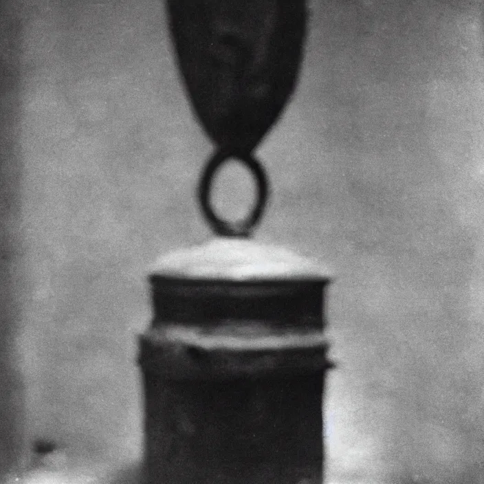 Image similar to an object on display in an ethnographic museum, film still, cinematic, out of focus, enhanced, 1 9 2 0 s, black and white, grain