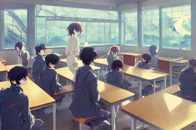 boy's love anime modern high school classroom in, Stable Diffusion