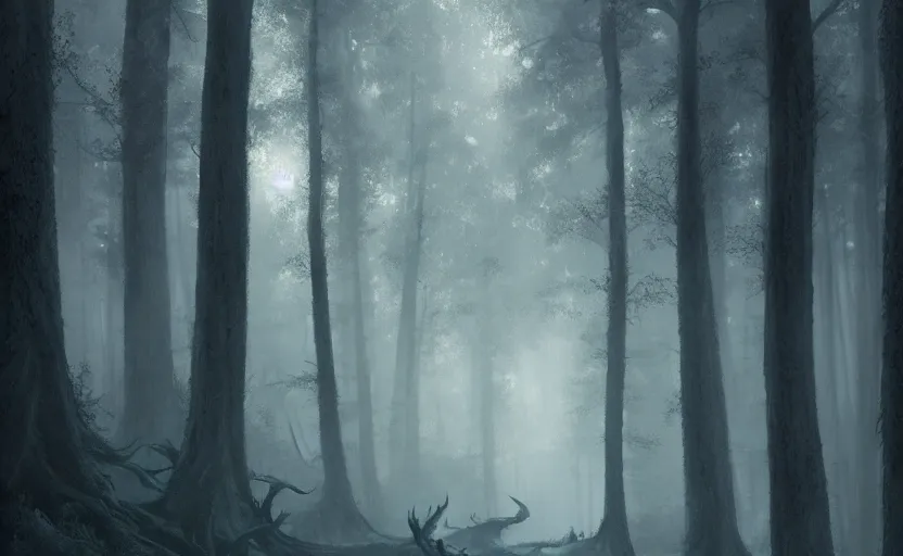 Prompt: dark thick forest, soft grey and blue natural light, intricate, digital painting, artstation, concept art, smooth, sharp focus, illustration, art by greg rutkowski and luis rollo and uang guangjian and gil elvgren, symmetry!