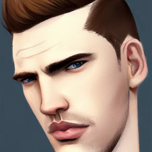 Prompt: tall chunky man in his twenties with brown blond short regular haircut and round facial structure with cleft chin, straight eyebrows, big grey blue eyes, happy, slightly set back jaw, cheekbones, straight nose, wider face, slight shadow of beard, atmospheric lighting, painted, intricate, 4 k, highly detailed by charlie bowater