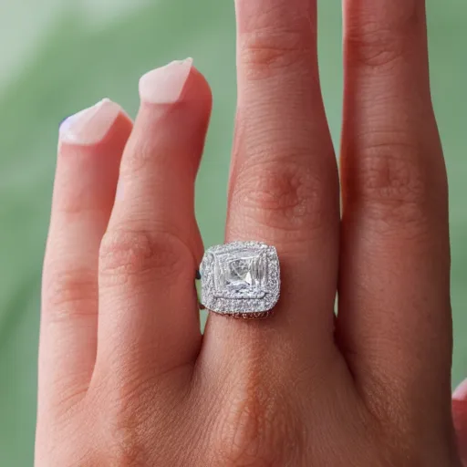 Prompt: wife wearing a ring with shimmering 7 6 0 carat square cut diamond