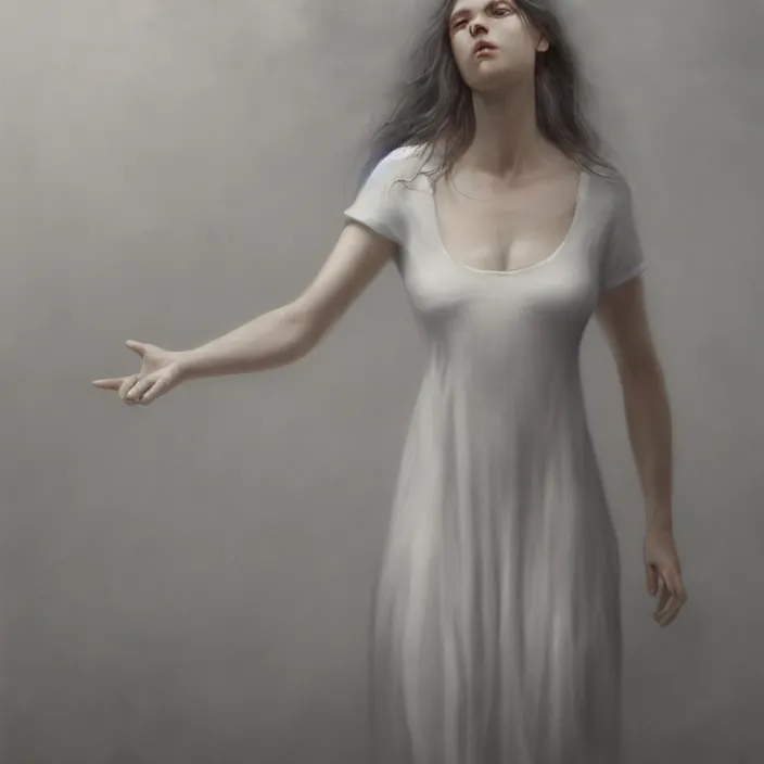 Image similar to a wonderful realistic portrait of a lonely woman who is dressed with a wonderful, majestic, large semi transparent white cotton dress, accent white lighting, dramatic light, octane render by roberto ferri, fantasy art, photo realistic, dynamic lighting, unreal engine rendered, artstation, poster, dramatic light, - 8 k, award winning