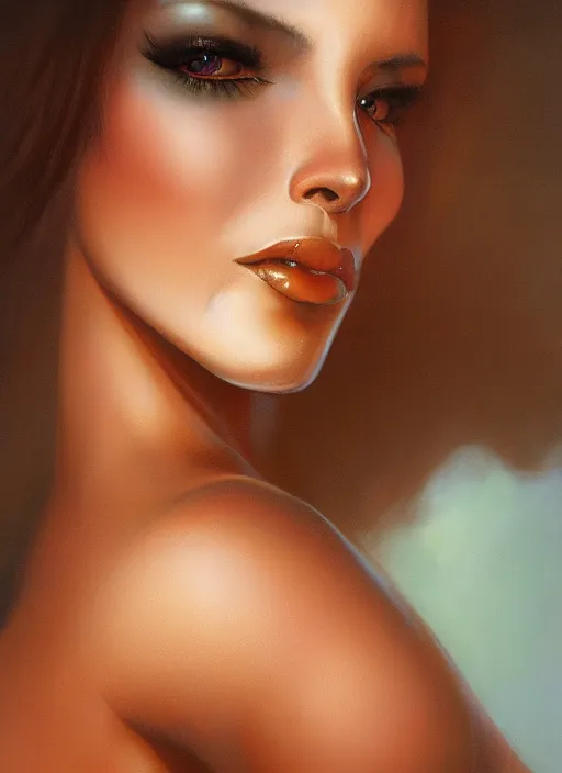 Image similar to closeup portrait a beautiful woman by boris vallejo and julie bell, mark rydek, popovy sisters, intricate, bjd, trending on artstation.