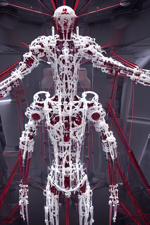 Prompt: space station interior white cross cross a statue jesus on cross made of red marble hands nailed to a cross perfect symmetrical body full body shot, inflateble shapes, wires, tubes, veins, jellyfish, white biomechanical details, wearing epic bionic cyborg implants masterpiece, intricate, biopunk, vogue, highly detailed, artstation, concept art, cyberpunk, octane render