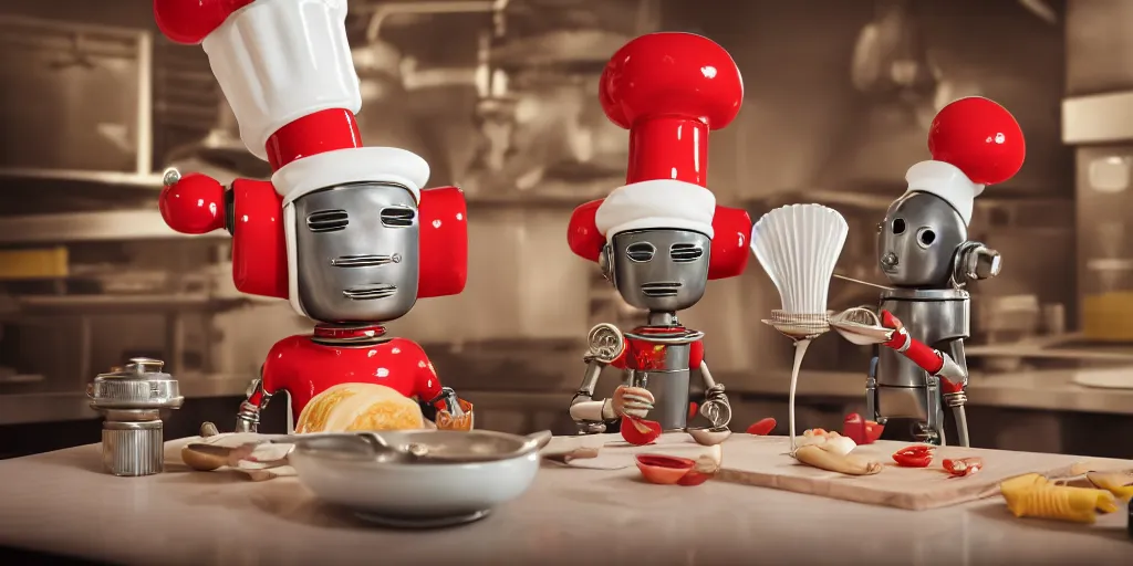 Image similar to closeup portrait of tin toy retro robot chef cooking pastry in a kitchen, depth of field, zeiss lens, detailed, centered, fashion photoshoot, by nicoletta ceccoli, mark ryden, lostfish, breathtaking, 8 k resolution, extremely detailed, beautiful, establishing shot, artistic, hyperrealistic, octane render