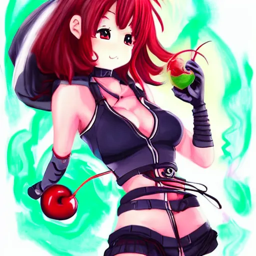 Image similar to anime girl holding cherry bomb, bomb fuse lit, flaming fuse, anime girl smiling, grinning, art by artgerm