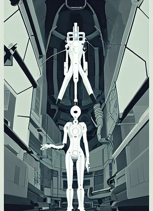 Image similar to poster artwork by Michael Whelan and Tomer Hanuka, of GLADOS from the game Portal 2, from Valve, Aperture Science, clean