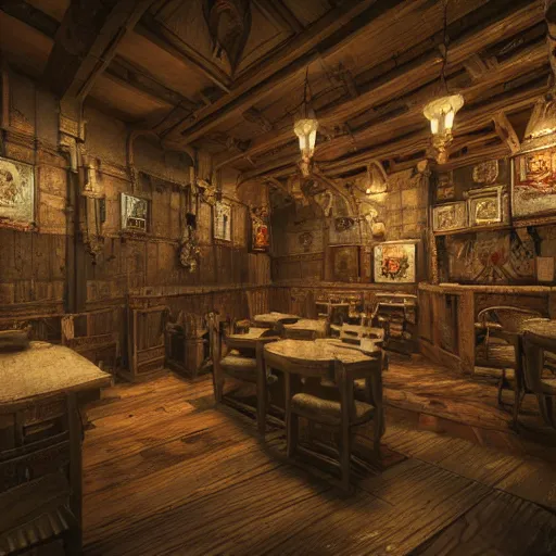 Image similar to Realistic Interior Concept design of very very very highly detailed Tavern in Mixed style of Medieval and in style of Cyberpunk, Many details by Hiromasa Ogura. More cyberpunk less Medieval. Panorama 360 degrees Rendered in unreal engine 5, artstationHD, 4k, 8k, 3d render, 3d Houdini, cinema 4d, octane RTX volumetric natural light