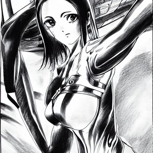 Image similar to alita by yukito kishiro. medium shot. black and white manga. pencil drawing.