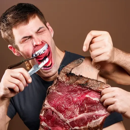 Image similar to man with whole tomahawk steak stuck between his teeth stock photo