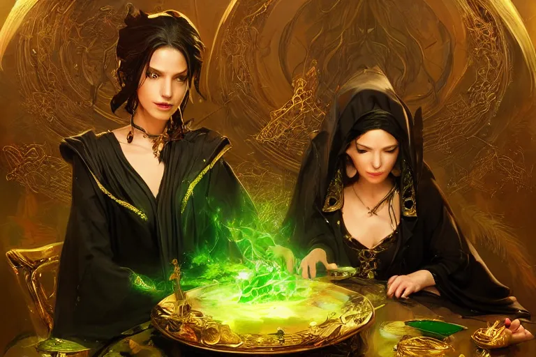 Prompt: a beautiful sorceress wearing a black robe with gold embroidery, sitting at table, casting a spell, green glows, painted by artgerm and ruan jia, in the style of magic the gathering, highly detailed digital art
