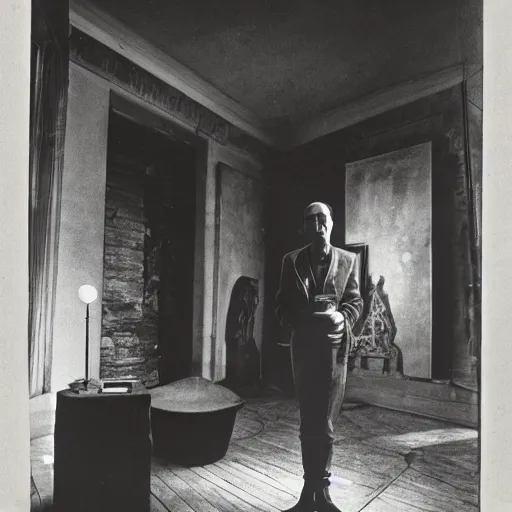 Image similar to underexposed photo of Marcel Duchamp in a room with an ancient machine, Kodachrome, Edward Weston and Gustave Doré, archival pigment print, contemporary art