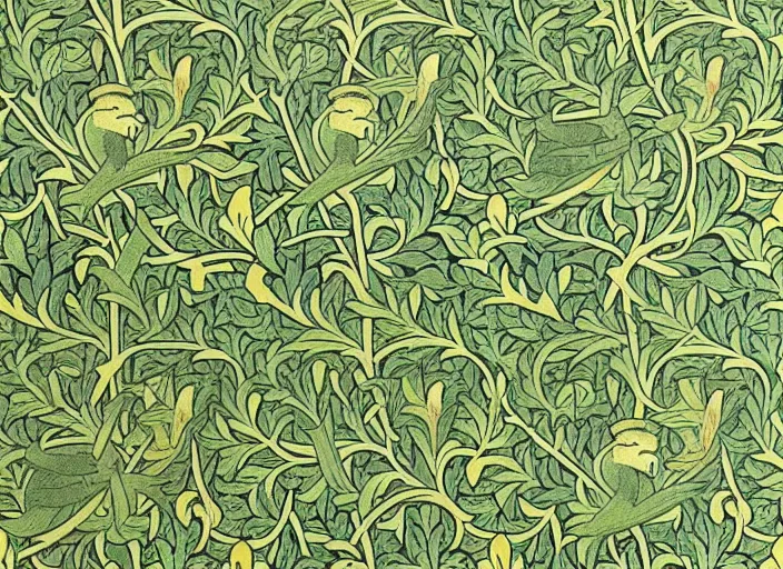 Prompt: william morris wallpaper, pepe the frog