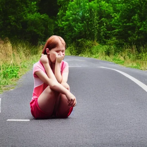 Prompt: a girl sat crying on a road