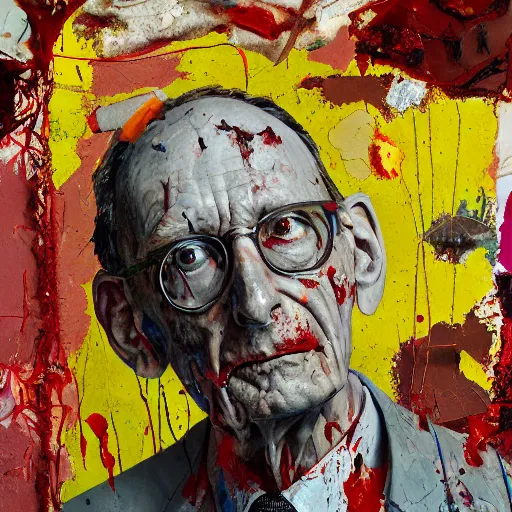 Image similar to hyperrealistic, photorealistic, mixed media oil painting of william s burroughs, magazine scraps, plaster, blood, oil, mustard, splatter, greg rutkowski, basquiat, ralph steadman, wesley kimler