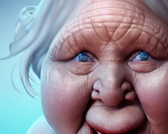 Image similar to of a very beautiful scene. ambient occlusion render. a sweet fat old woman is giving birth to her self as a baby. hyper realistic. 4 k. wide angle. wild. symmetrical face, red mouth, blue eyes. deep focus, lovely scene. ambient occlusion render. concept art. unreal engine.