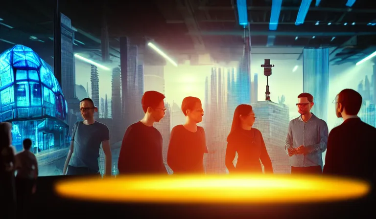 Image similar to group of people in simple warehouse, looking at hologram of futuristic city on a table, cinematic concept art, godrays, golden hour, natural sunlight, 4 k, clear details, tabletop model buildings, center model buildings, hologram center, crane shot, crane shot, crane shot