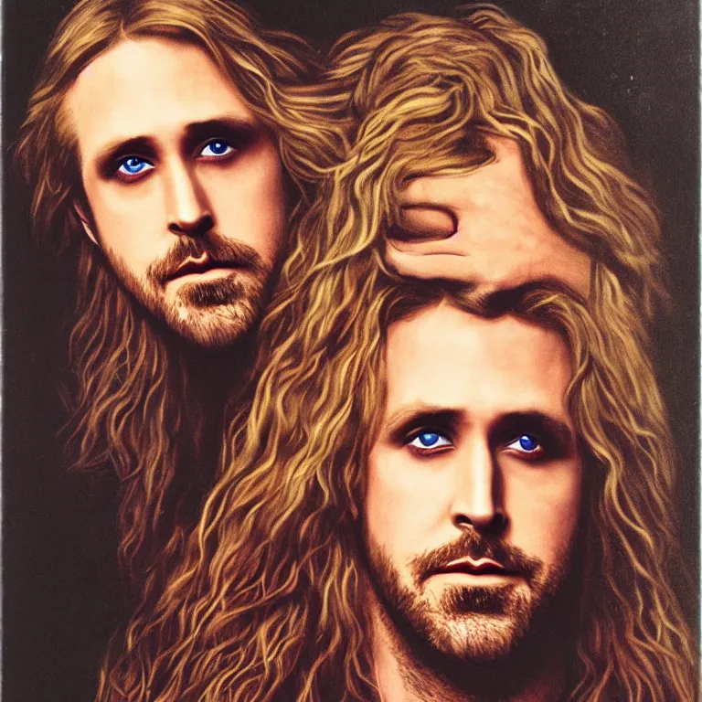 Image similar to Pre-Raphaelite portrait of actor, Ryan Gosling as the leader of a cult 1980s heavy metal band, with very long blond hair and grey eyes, high saturation