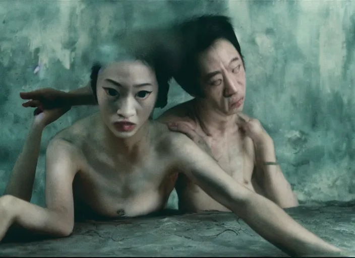 Image similar to a surreal love scene from a feature film by wong kar - wai, alejandro jodorowsky, roger ballen and nobuyoshi araki : : pagan occultism, magick ritual, butoh : : close - up shot, exquisite lighting setup : : anamorphic lens, kodakchrome : : 8 k