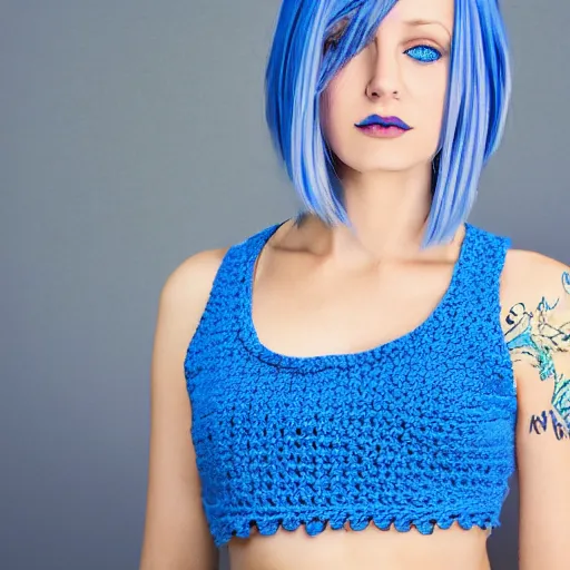 Image similar to A photo of a caucasian female model with blue hair wearing a crocheted croptop