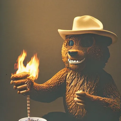 Image similar to candid photo of Smokey The Bear in the bathroom sitting on a porcelain throne, playing with fire, by Annie leibowitz, photorealisitc, extremely detailed