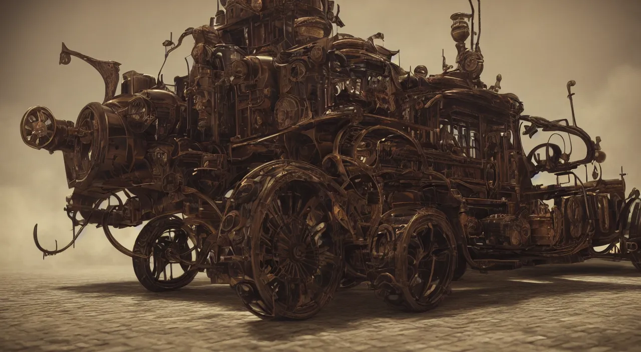 Image similar to Steampunk car, 8K, from a distance, trending on artstation, 8K 3D, volumetric light, lightrays, smoke, cinematic, atmospheric, octane render, insanely detailed and intricate by jules verne