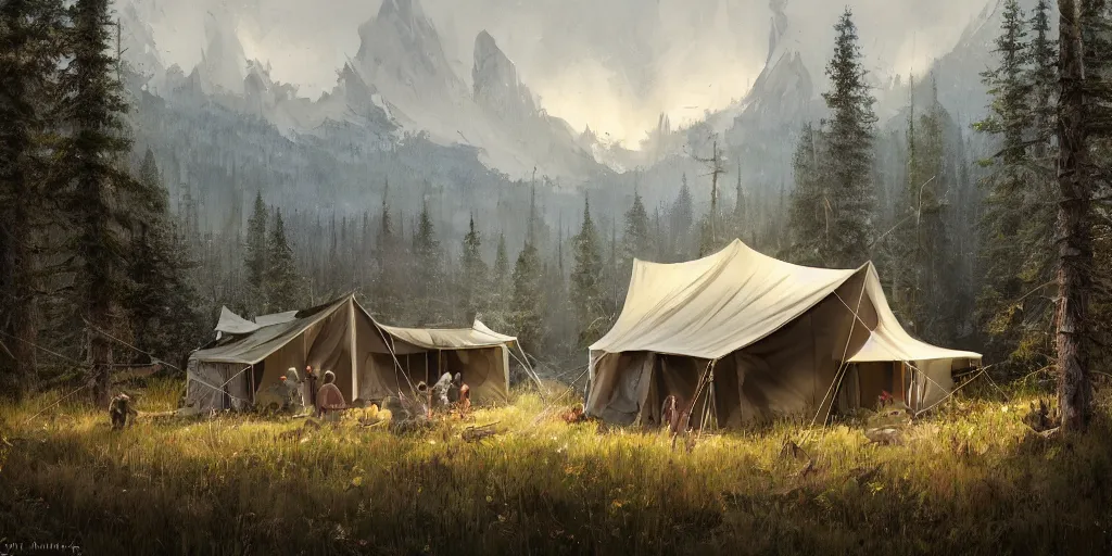 Image similar to cabela's tent fabric shelled pop up family dwelling unit, cabin, modular, person in foreground, mountainous forested wilderness open fields, beautiful views, painterly concept art, joanna gaines, environmental concept art, farmhouse, magnolia, concept art illustration by ross tran, james gurney, by craig mullins, by greg rutkowski