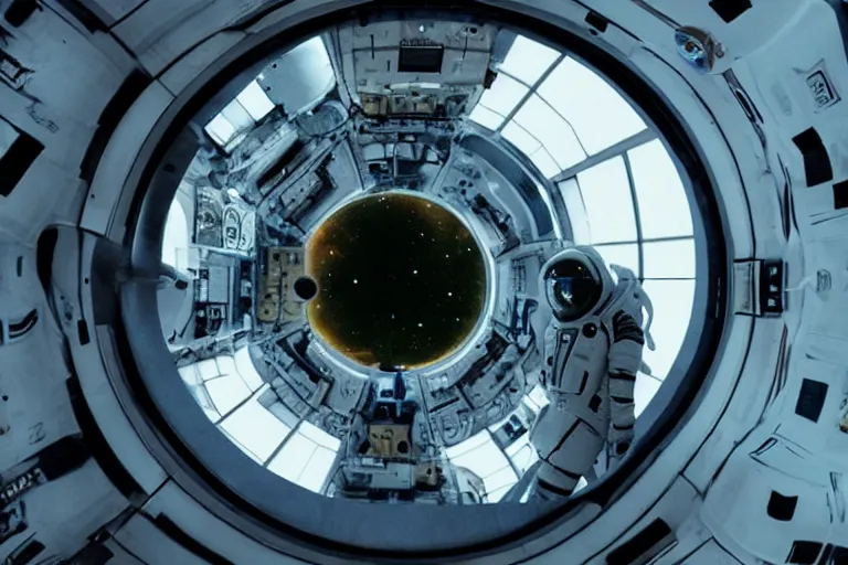 Prompt: film still of closeup beautiful model space tourists, futuristic space colony space port by emmanuel lubezki