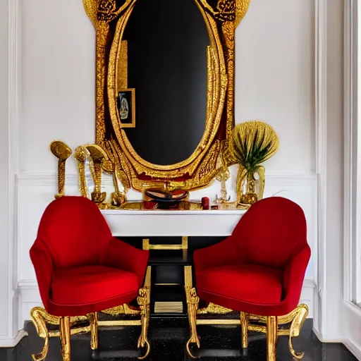 Prompt: a red chair, surrounded by sinuous gold tools, at the end of a black reflective marble hallway