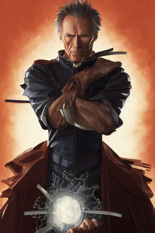 Prompt: clint eastwood as full metal alchemist, portrait, western, duster, fantasy, intricate, elegant, highly detailed, digital painting, artstation, concept art, sharp focus, illustration, art by artgerm and greg rutkowski and alphonse mucha