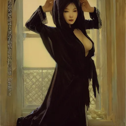 Image similar to detailed cinematic wide shot of beautiful attractive hoyeon jung asian vampire woman wearing black bath robe slim face symettrical face clean skin black eyes black robe smooth, sharp focus, ultra realistic, spring light, painting by gaston bussiere, craig mullins, j. c. leyendecker