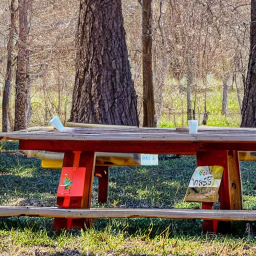 Prompt: 2 bears at a picnic table