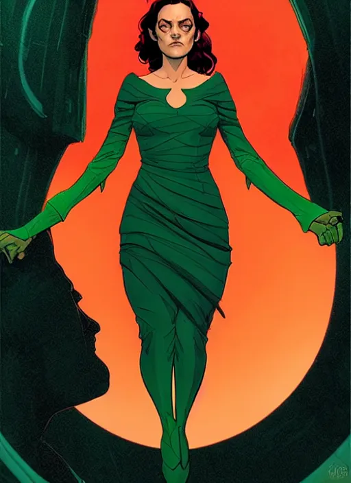 Image similar to Rafeal Albuquerque comic art, Joshua Middleton comic art, cinematics lighting, sunset colors, pretty Marion Cotillard Enchantress comicbook villain, green dress, angry, symmetrical face, symmetrical eyes, full body, flying in the air, night time, red mood in background