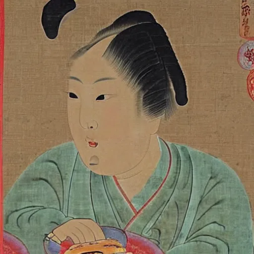 Prompt: the Chinese ancient painting of a lady eating a hamburger in Tang Dynasty , by Han Xizai