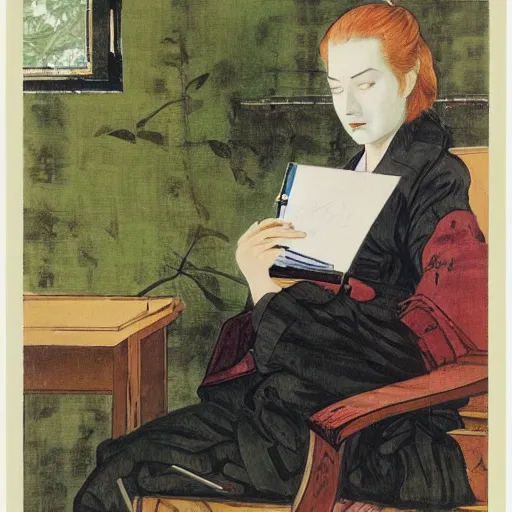 Image similar to portrait of mascha kaleko ( 1 9 4 0 ) writing poems, color hanafuda oil on canvas by ivan shishkin, james jean and yoji shinkawa