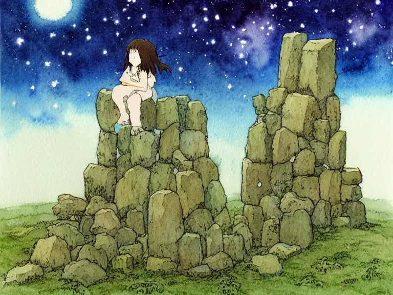 Image similar to a simple watercolor studio ghibli movie still fantasy concept art of a giant monnk sitting in a tiny stonehenge. it is a misty starry night. by rebecca guay, michael kaluta, charles vess