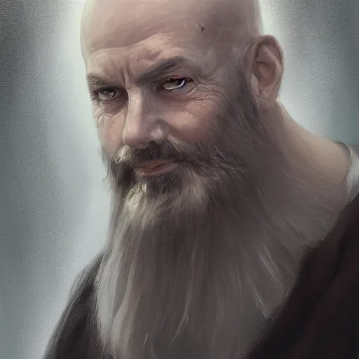 Image similar to a detailed matte head - on portrait painting of a sly older sorcerer, with a small beard, salt and pepper hair, portrait by charlie bowater, lise deharme, wlop, tending on arstation, dungeons and dragon, dnd, pathfinder, fanart, oil on canvas