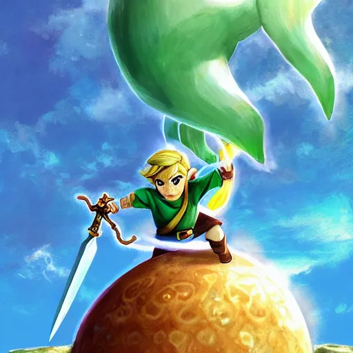 Image similar to link standing in front of the windfish egg holding up is charged sword to the sky artwork from zelda links awakening, trending on artstation
