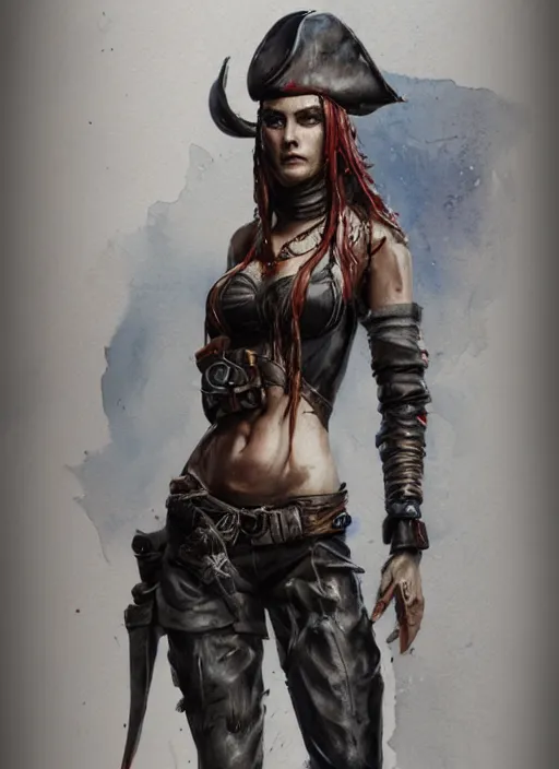 Prompt: full body concept art very wet watercolor of a female pirate, airbrushed painting, stunning, featured on artstation, cinematic lighting, hyperdetailed, cgsociety, 8k, dramatic, dark atmosphere, alluring