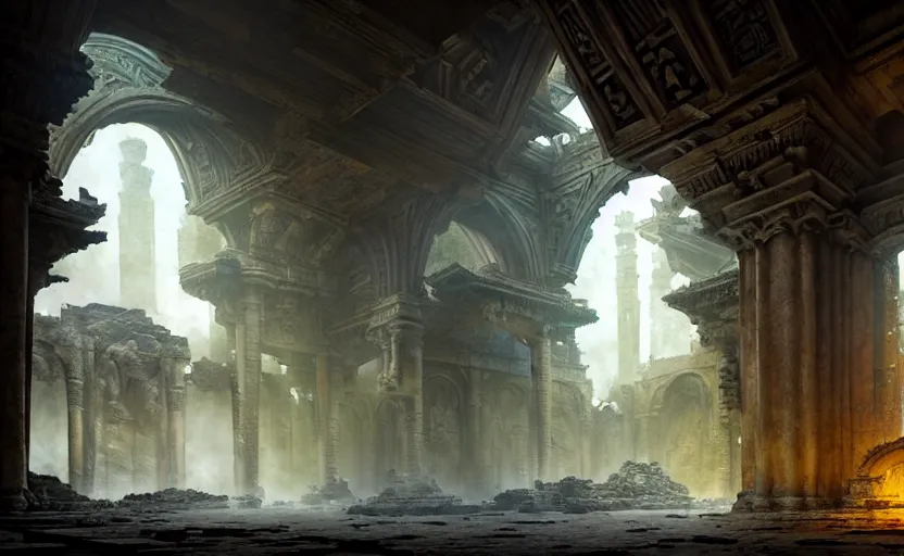 Prompt: The interior of an mytical and ancient temple dragons, in ruins, intricate, elegant, volumetric lighting, digital painting, highly detailed, artstation, sharp focus, illustration, concept art, ruan jia, steve mccurry