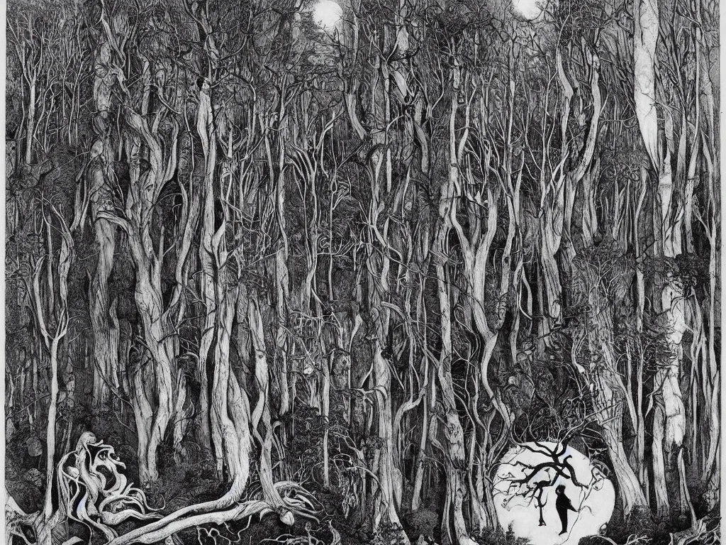 Image similar to dense forest, artstation, by aubrey beardsley, by caspar david friedrich, by laurie lipton, by kay nielsen, by ivan shishkin, calligraphy, divine, paradox, mycelium, gnarly trees, terrifying, witchcraft!, hope, moon, mountains in background