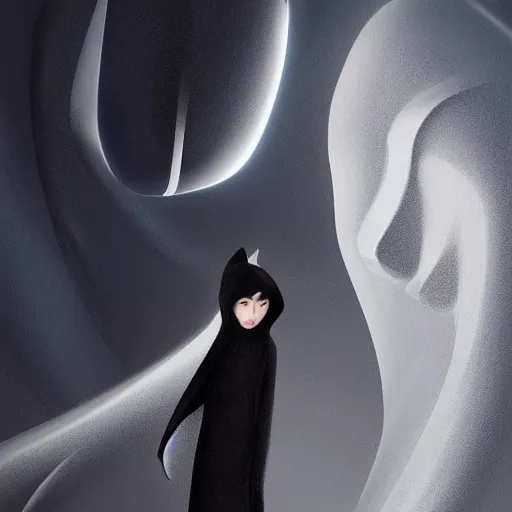 Image similar to a matte painting of a pale young girl in a black hoodie and black hair with a cat by frank lloyd wright and zaha hadid torch volume light stylized illustration digital airbrush painting, 3 d rim light, hyperrealistic masterpiece, artstation, cgsociety, kodakchrome, golden ratio