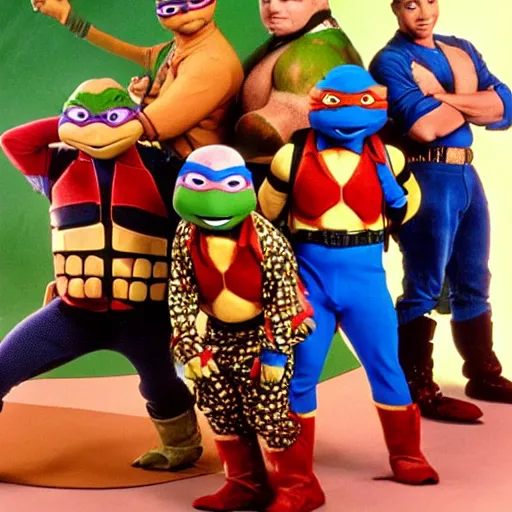 Prompt: teenage mutant ninja turtles on saved by the bell tv show still