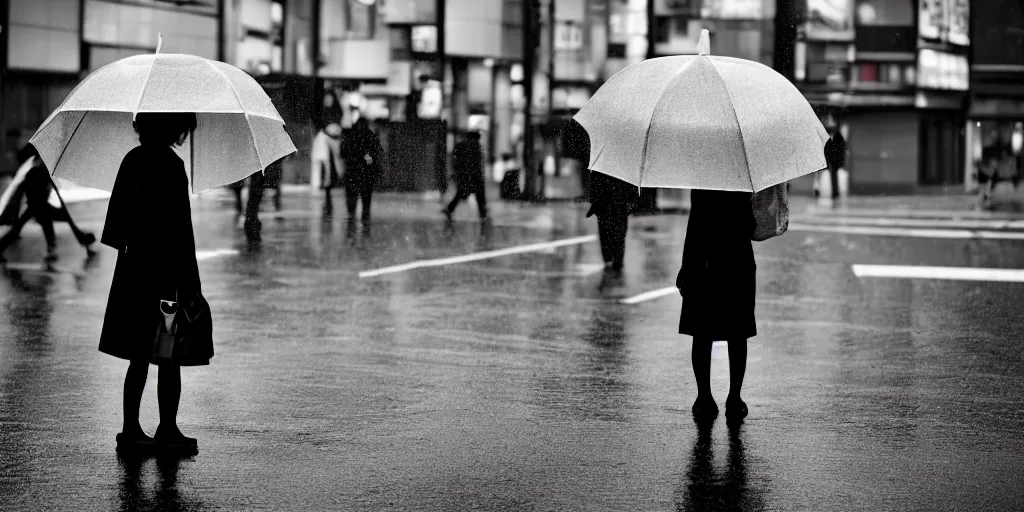 Prompt: A lonely woman with an umbrella waiting to cross Shibuyas crossing in Japan, back facing the camera, rainy afternoon, dramatic contrasting light